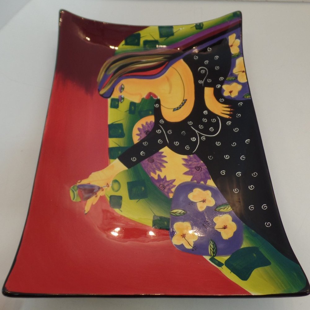 Naylor Designs 2004 Hand Painted Ceramic Hanging Plate 13.5" L X 9.5" T Lady Sip